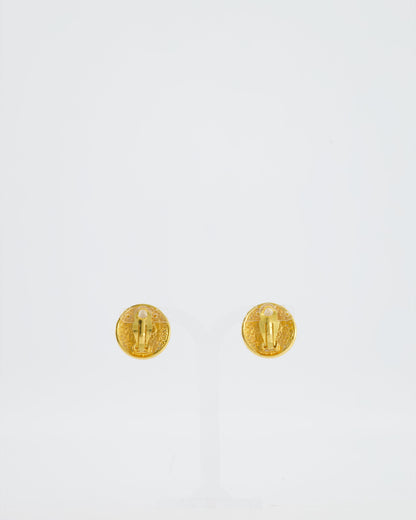 Chanel Vintage Gold and Turquoise Round Clip On Earrings with CC Logo Detail