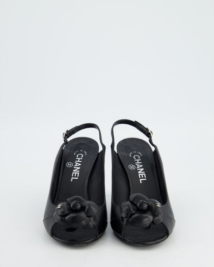 Chanel Black Camelia Leather Heeled Slingback with Open Toe Detail Size EU 37.5