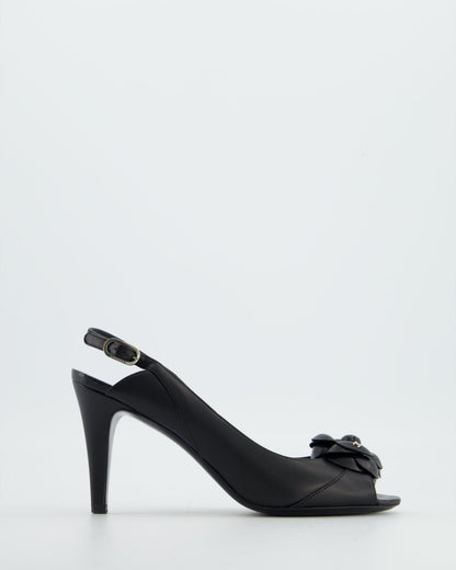 Chanel Black Camelia Leather Heeled Slingback with Open Toe Detail Size EU 37.5