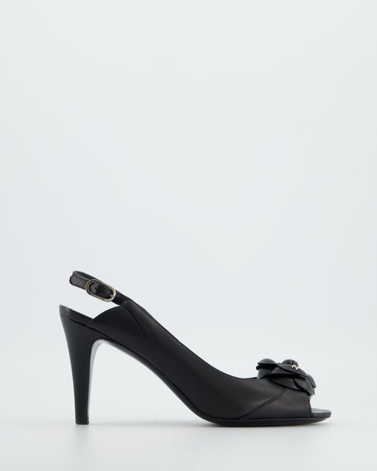 Chanel Black Camelia Leather Heeled Slingback with Open Toe Detail Size EU 37.5