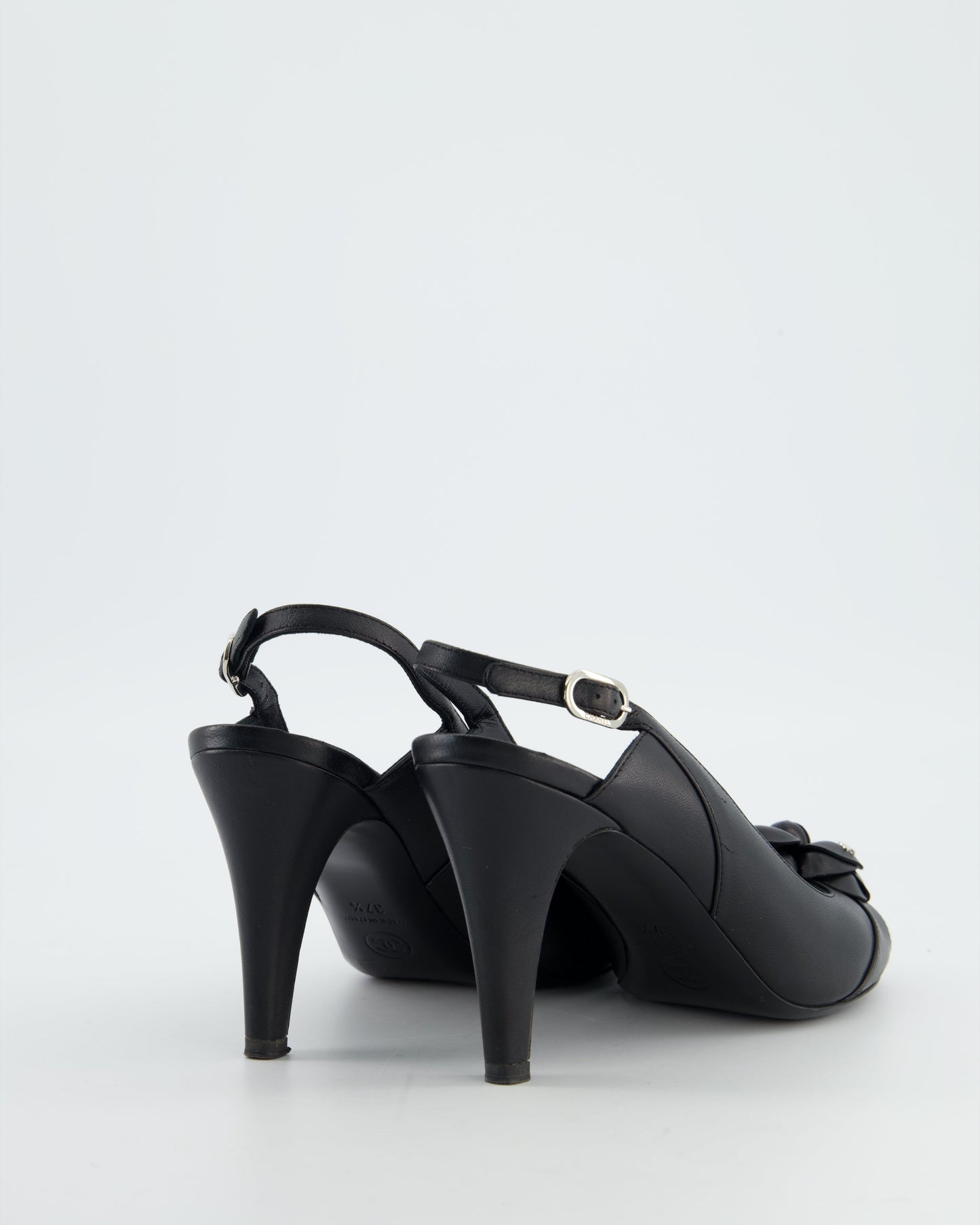 Chanel Black Camelia Leather Heeled Slingback with Open Toe Detail Size EU 37.5