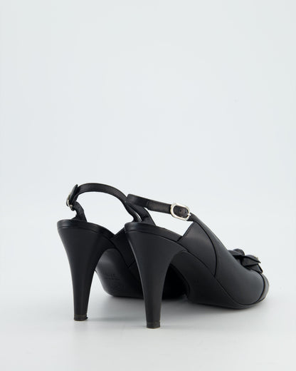 Chanel Black Camelia Leather Heeled Slingback with Open Toe Detail Size EU 37.5