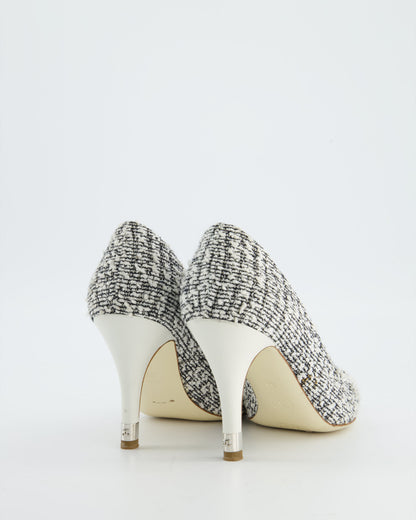 Chanel White & Black Tweed Pump Heels with Pointed Toe & CC Heel Details Size EU 38