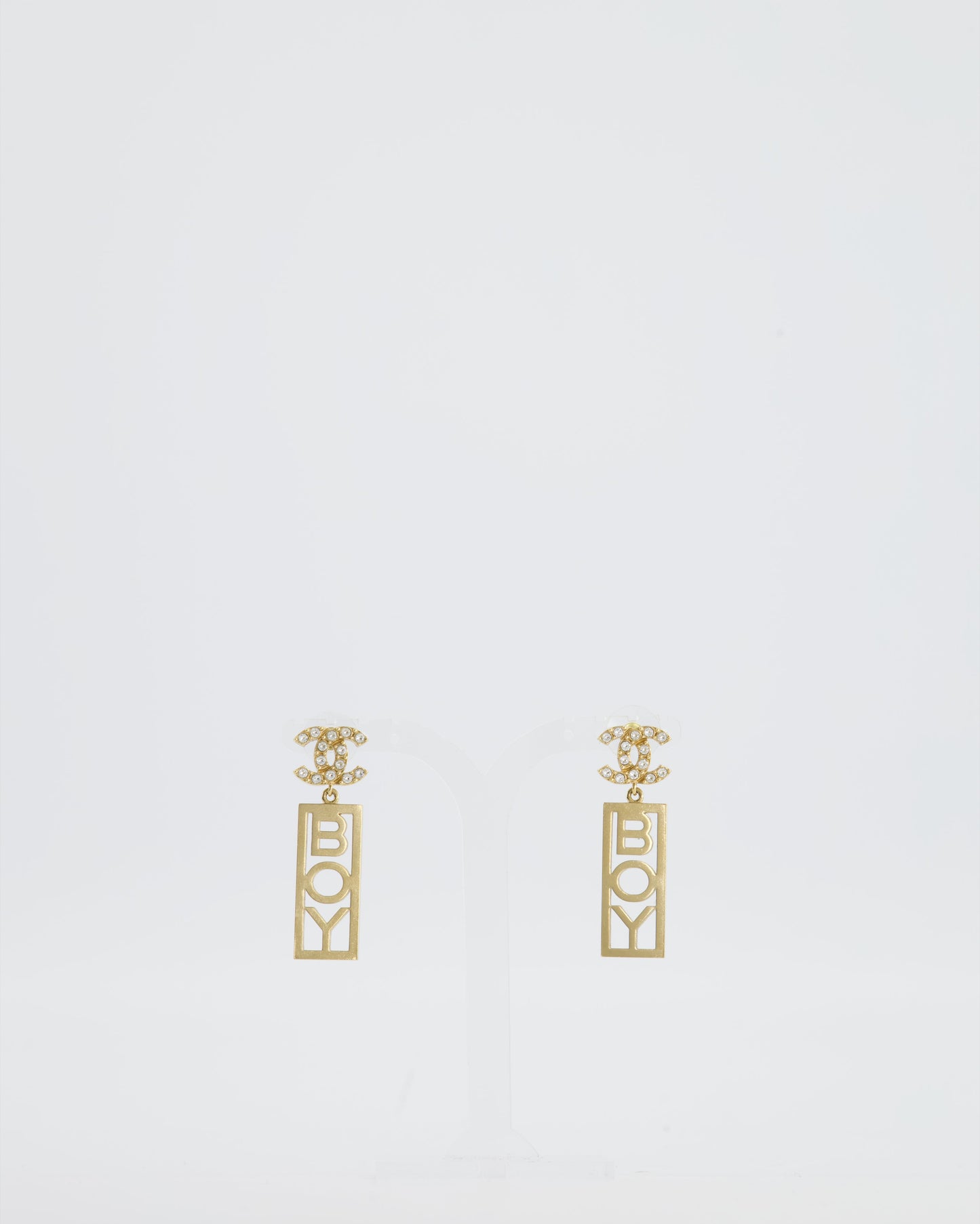 Chanel 22P Gold Crystal CC Earrings Drop BOY Pendant