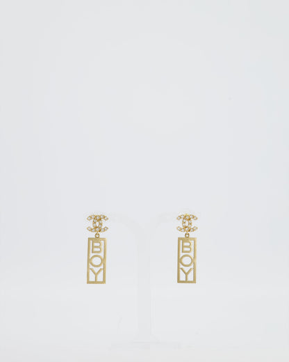 Chanel 22P Gold Crystal CC Earrings Drop BOY Pendant