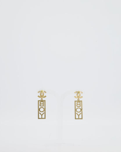 Chanel 22P Gold Crystal CC Earrings Drop BOY Pendant