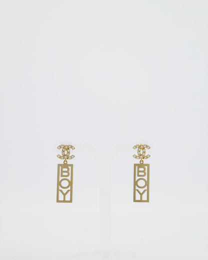 Chanel 22P Gold Crystal CC Earrings Drop BOY Pendant