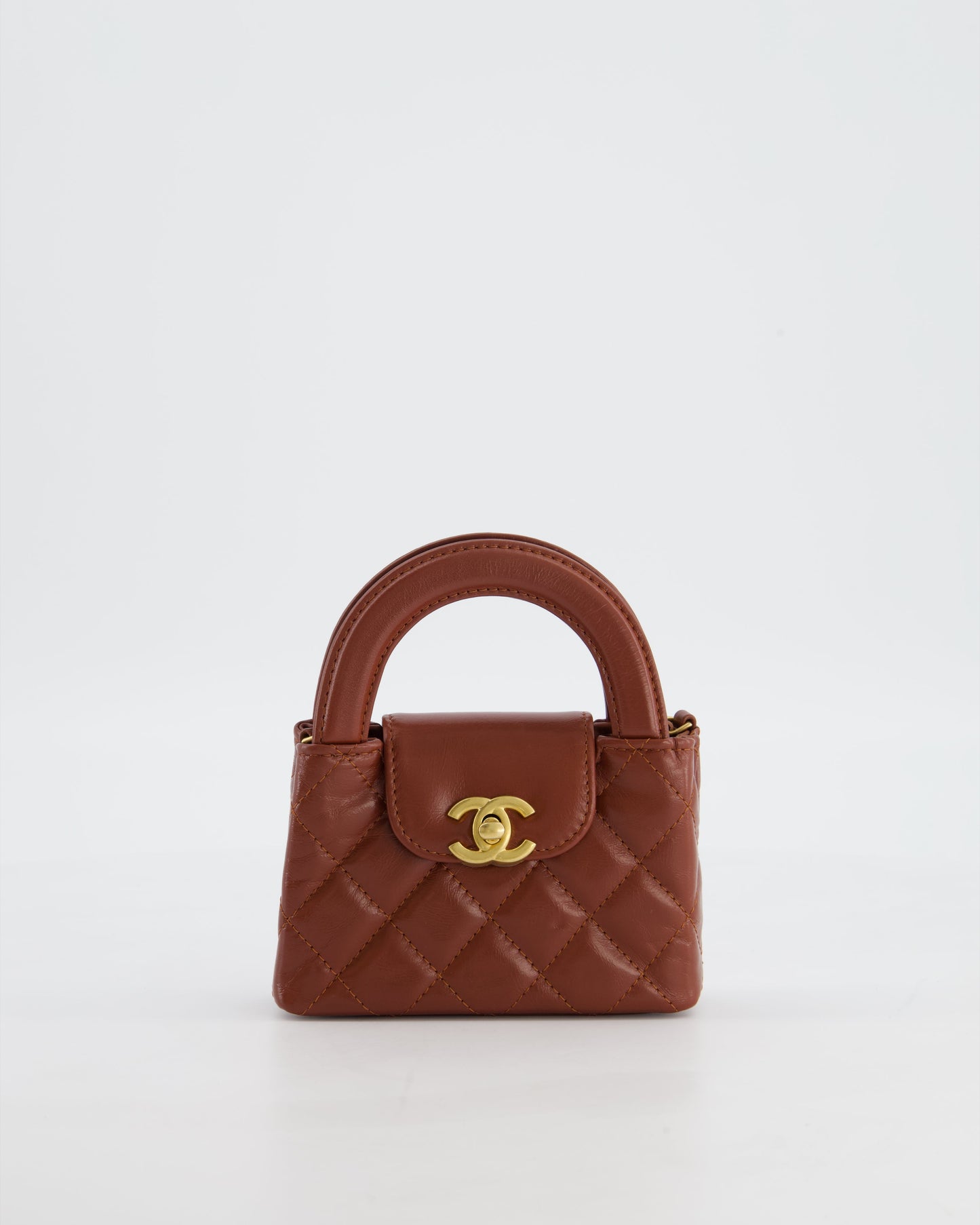 Chanel Brown Nano Mini Kelly Shopping Bag in Aged Calfskin Leather with Brushed Antique Gold Hardware