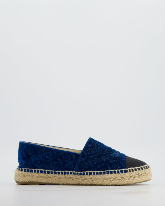 Chanel Blue Velvet Rose Print Espadrilles with CC Logo Size EU 37