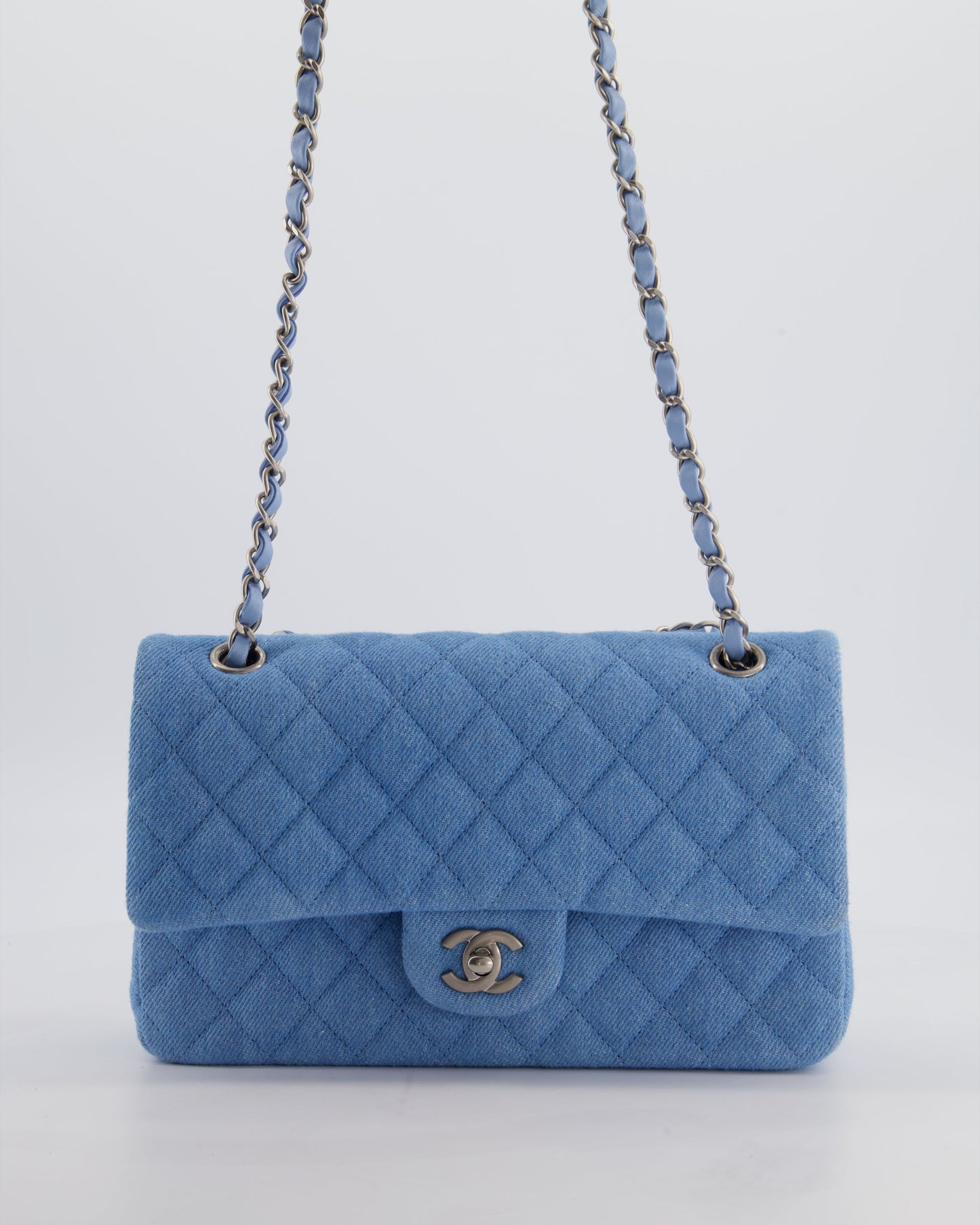 Chanel 25C Medium Double Flap Bag in Light Blue Denim with Brushed Silver Hardware