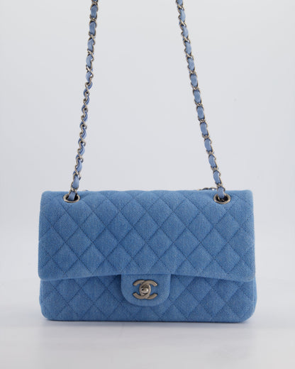 Chanel 25C Medium Double Flap Bag in Light Blue Denim with Brushed Silver Hardware
