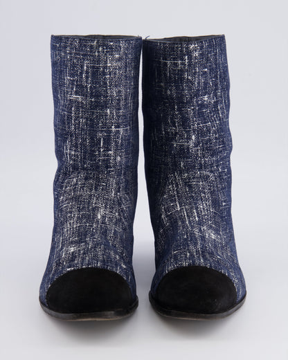 Chanel Navy Boots with Black Suede Toe Cap and Embroidered CC Logo Detail Size EU 40.5 C