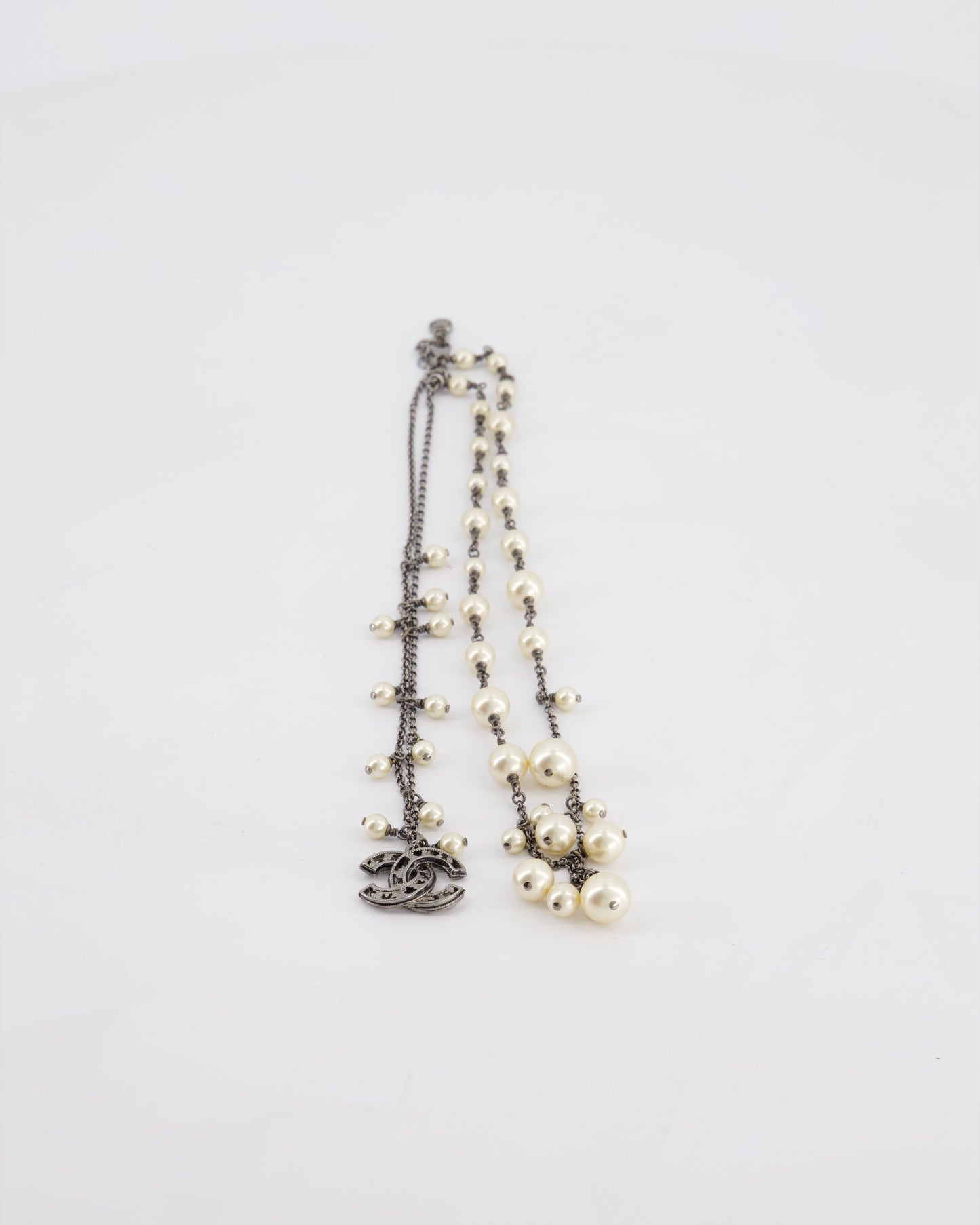 Chanel 10/A Grey Ruthenium Pearl CC Double Chain Necklace