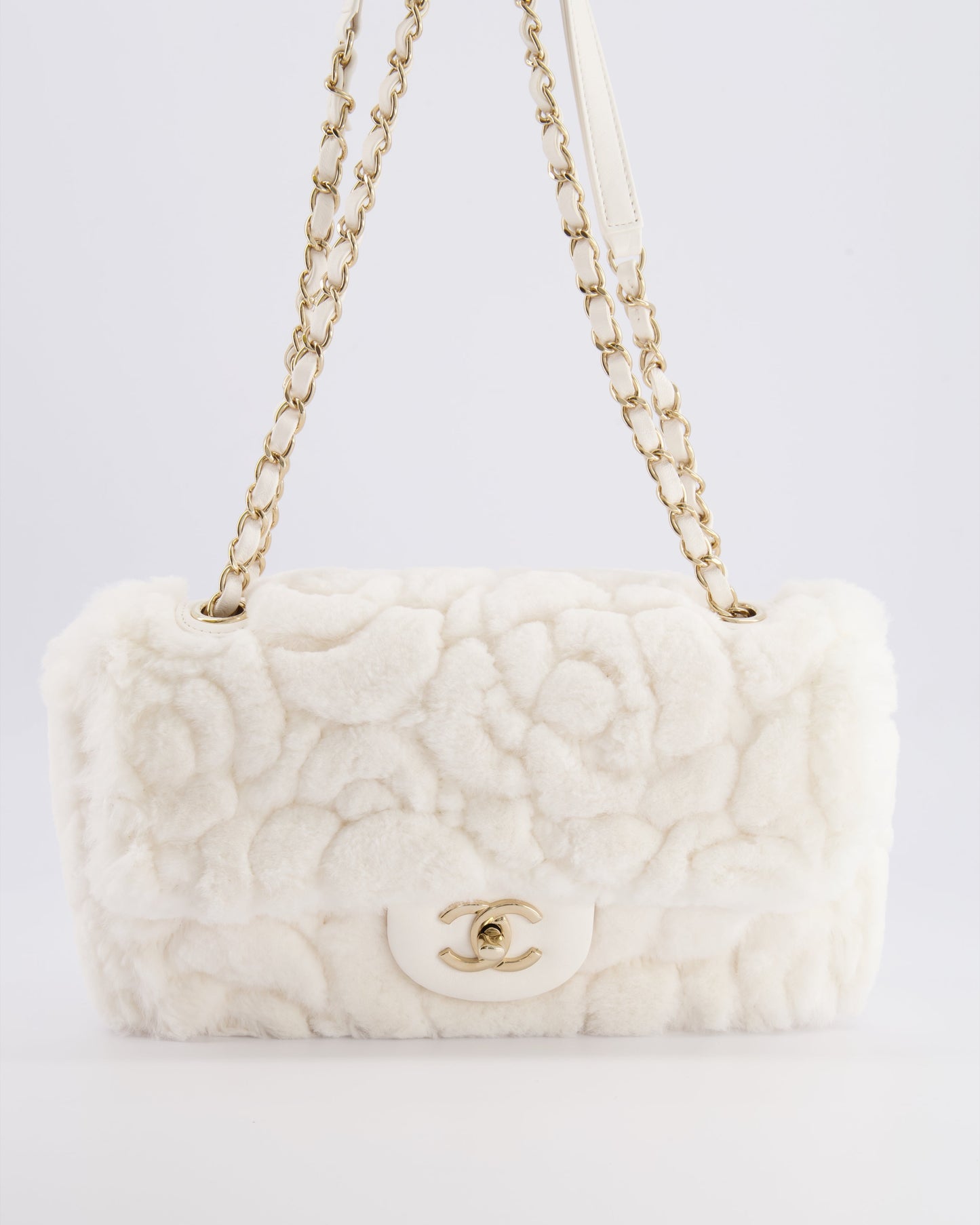 *RARE* Chanel White Rabbit Fur Classic Single Flap Bag with Camelia Flower Motif and Champagne Gold Hardware
