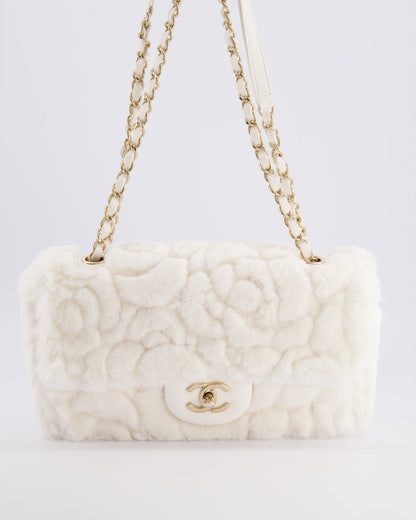*RARE* Chanel White Rabbit Fur Classic Single Flap Bag with Camelia Flower Motif and Champagne Gold Hardware