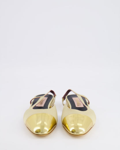 Chanel Beige Canvas Slingback with Gold Patent Leather Toe Cap and Gold CC Logo Size EU 39