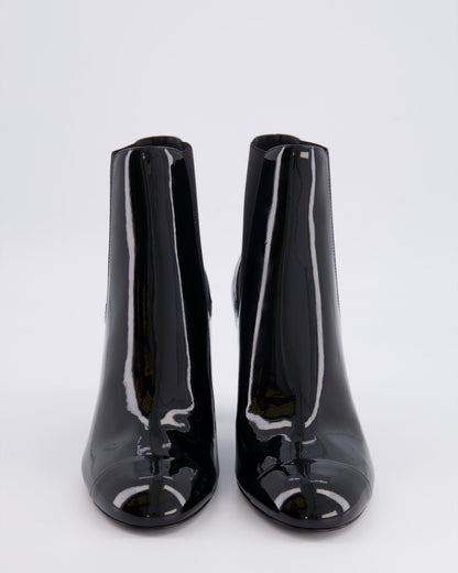 Chanel Black Patent Leather Heeled Ankle Boots with Black CC Logo Detail Size EU 40