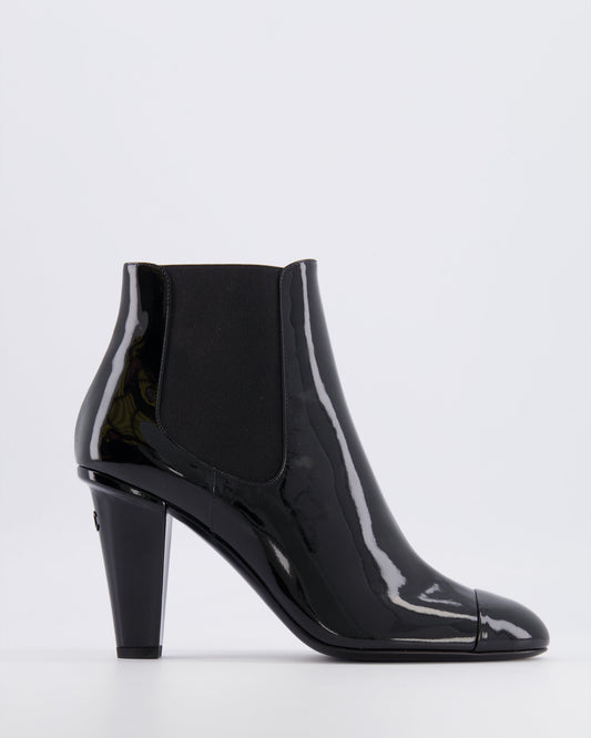 Chanel Black Patent Leather Heeled Ankle Boots with Black CC Logo Detail Size EU 40
