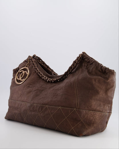 Chanel Vintage Bronze Calfskin Quilted Coco Cabas Tote Bag with Rose Gold CC Logo