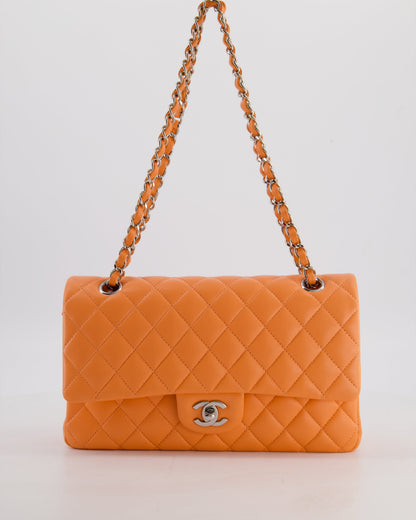 Chanel Medium Orange Classic Double Flap Bag in Lambskin Leather with Silver Hardware