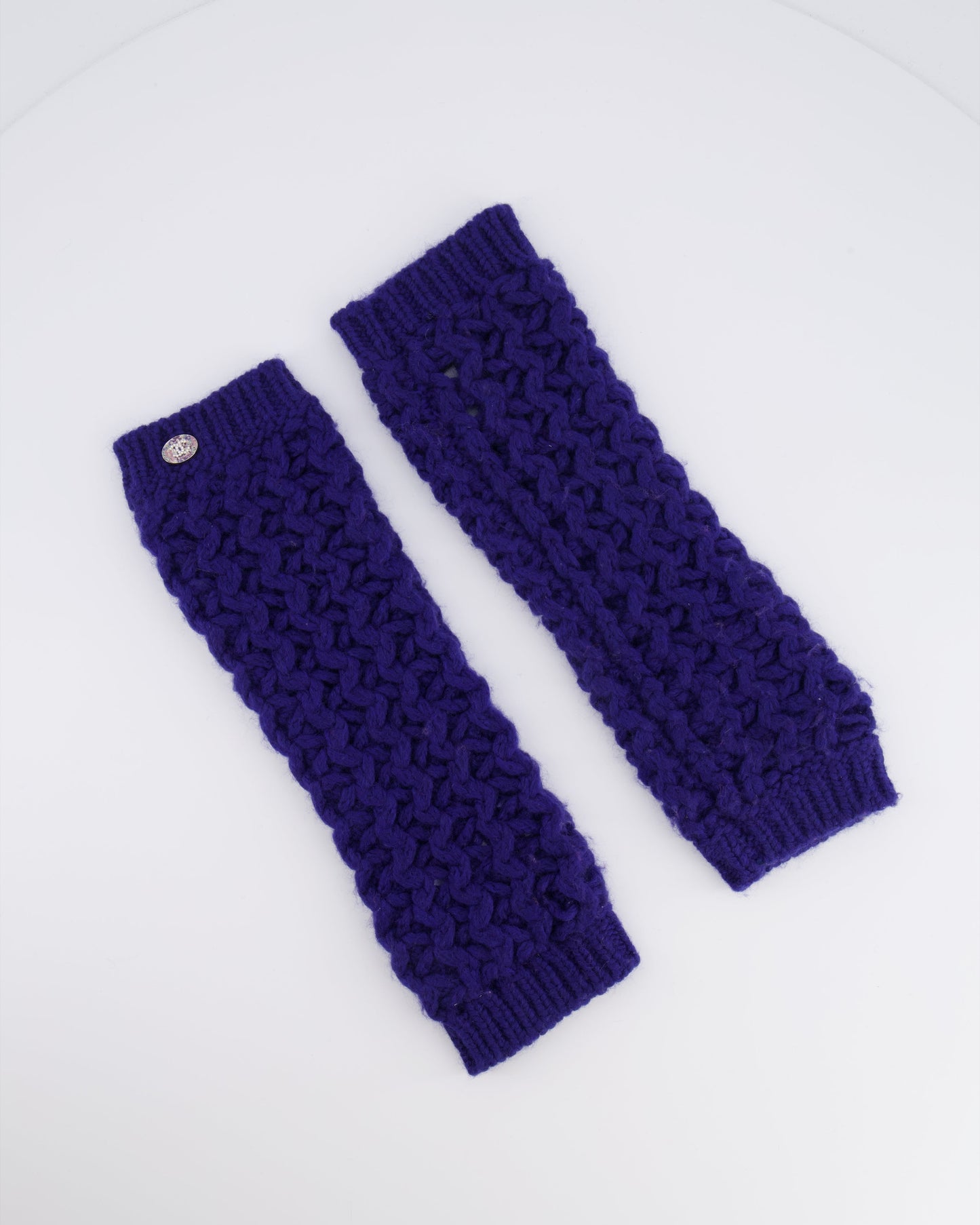 Chanel Resort 2023 Blue Knitted Wool Handwarmers with Multi-Colour Crystal Embellished CC Logo Detail Size S