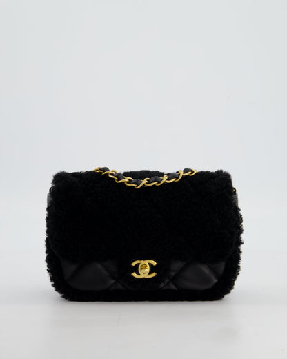 *SUPER RARE* Chanel Classic Mini Rectangular Shearling Flap Bag in Black Lambskin Leather with Gold Hardware