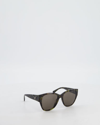 Chanel Dark Green and Brown Marble Butterfly Sunglasses with CC Logo Detail and Silver Hardware