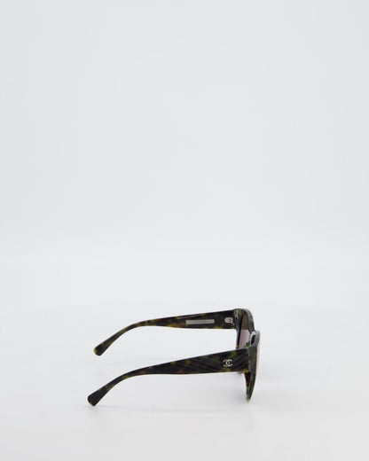 Chanel Dark Green and Brown Marble Butterfly Sunglasses with CC Logo Detail and Silver Hardware