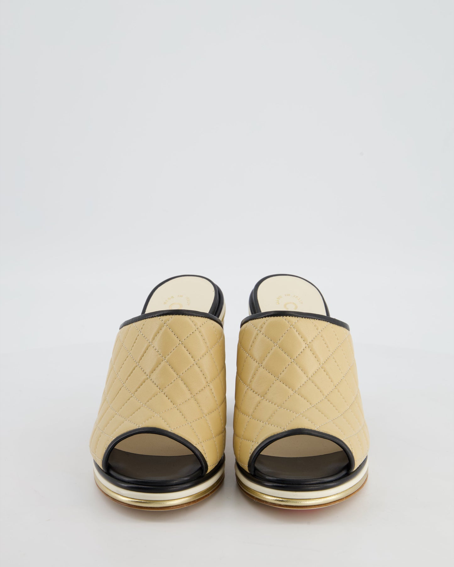 Chanel Beige and Black Quilted Leather Heel Mules with CC Black Logo Detail Size EU 37