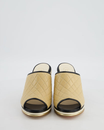 Chanel Beige and Black Quilted Leather Heel Mules with CC Black Logo Detail Size EU 37