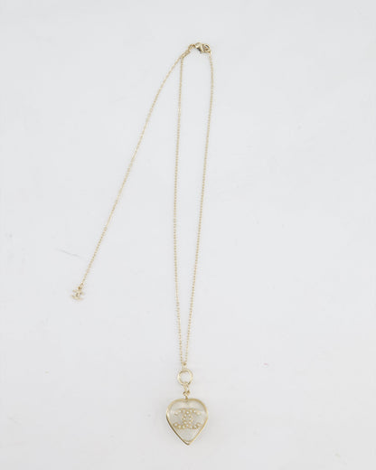 Chanel 16/P Gold CC Coco Heart Resin Pendant Chain Necklace with Pearl Details
