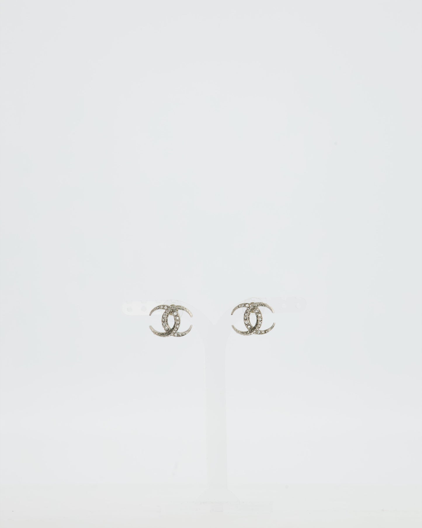 Chanel 2015 Silver CC Stud Earrings with Crystal Details
