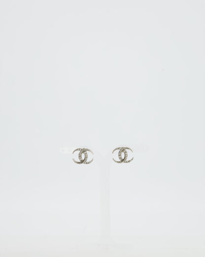 Chanel 2015 Silver CC Stud Earrings with Crystal Details