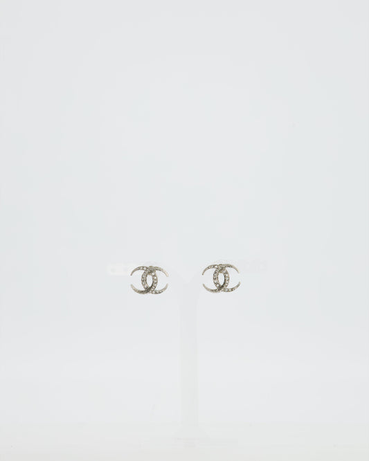 Chanel 2015 Silver CC Stud Earrings with Crystal Details