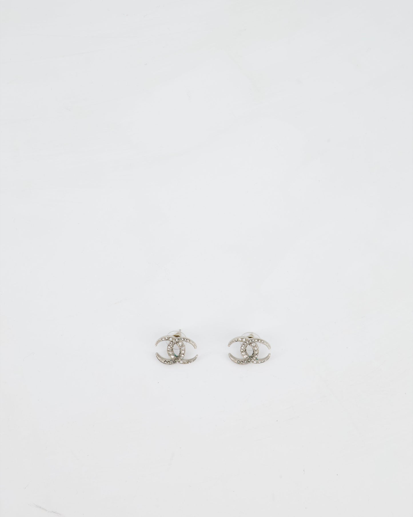 Chanel 2015 Silver CC Stud Earrings with Crystal Details