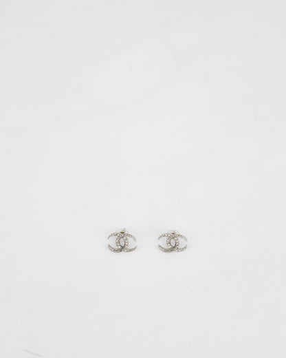 Chanel 2015 Silver CC Stud Earrings with Crystal Details
