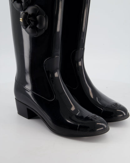 Chanel Black Camellia Wellington Boots Size EU 40