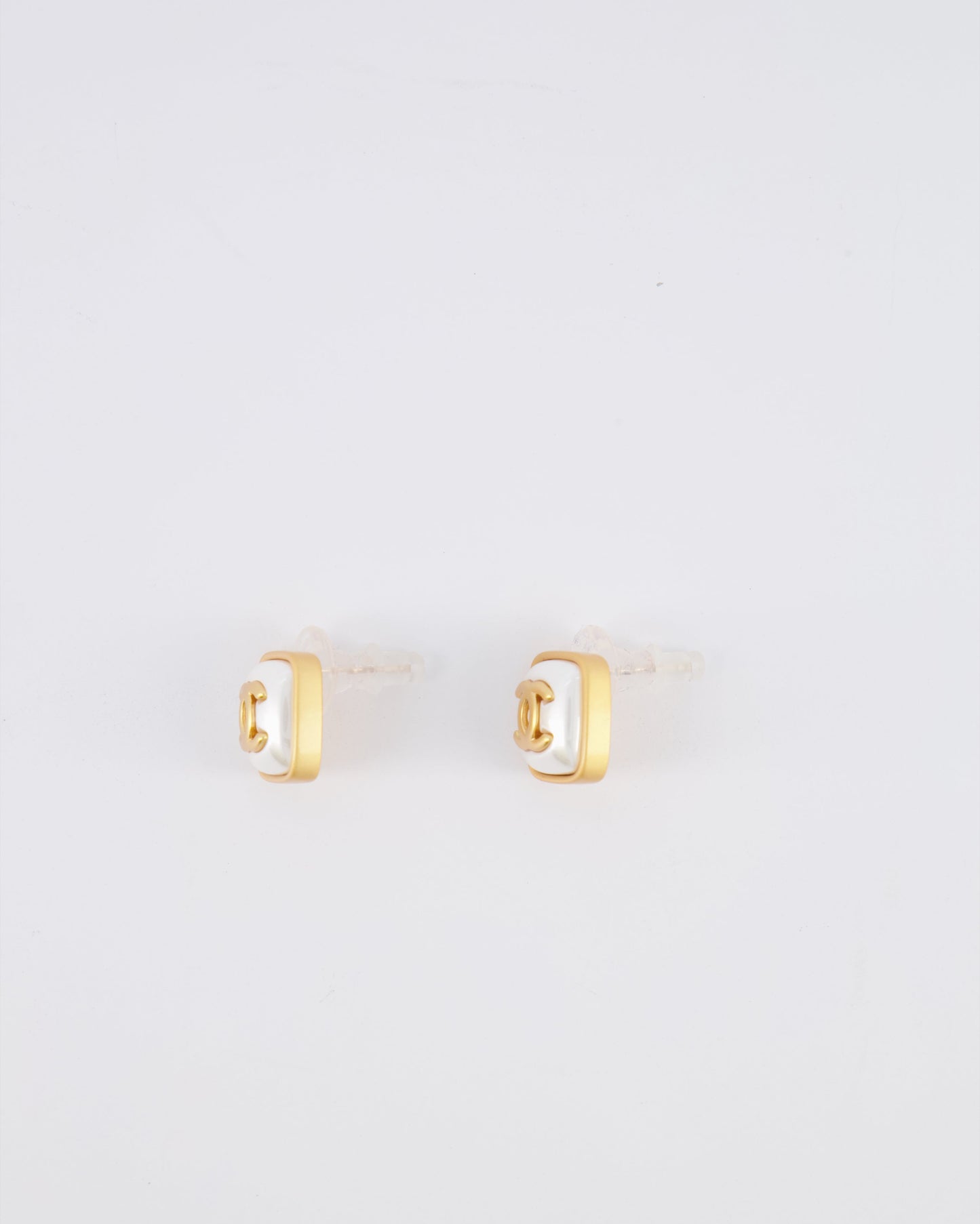 Chanel 25A Brushed Gold and White CC Logo Small Square Earrings