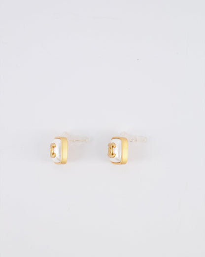 Chanel 25A Brushed Gold and White CC Logo Small Square Earrings