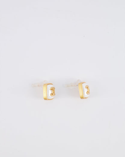 Chanel 25A Brushed Gold and White CC Logo Small Square Earrings