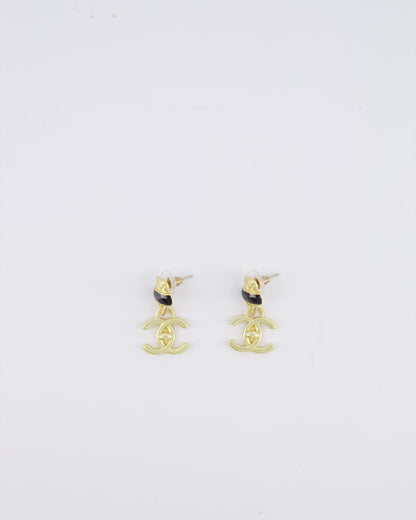 Chanel 22A Brushed Gold CC Logo Pendant Earrings with Black Enamel Detailing