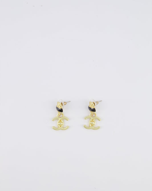Chanel 22A Brushed Gold CC Logo Pendant Earrings with Black Enamel Detailing