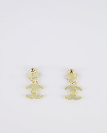 Chanel 22A Brushed Gold CC Logo Pendant Earrings with Black Enamel Detailing