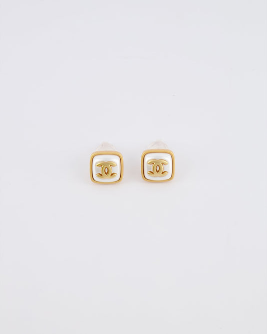 Chanel 25A Brushed Gold and White CC Logo Small Square Earrings