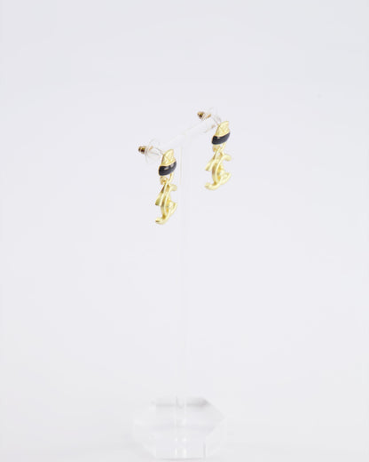 Chanel 22A Brushed Gold CC Logo Pendant Earrings with Black Enamel Detailing