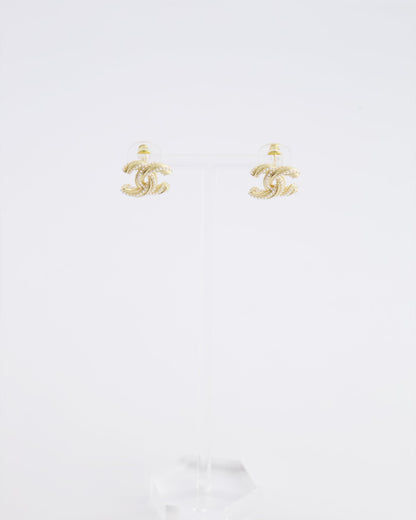 Chanel 24A Champagne Gold Textured CC Logo Small Earrings with Pearls