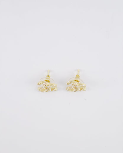 Chanel 24A Champagne Gold Textured CC Logo Small Earrings with Pearls