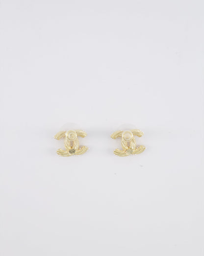 Chanel 24A Champagne Gold Textured CC Logo Small Earrings with Pearls