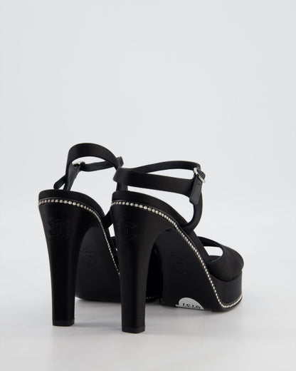 Chanel 23S Black Platform Open Toe Heels in Satin with Crystals & Stitched CC Logo Details Size EU 37 RRP £1,470