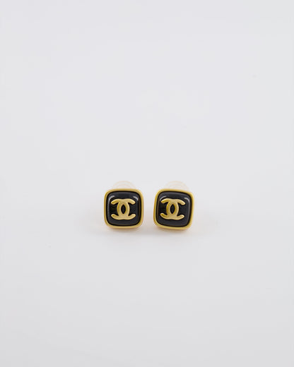 Chanel 25A Brushed Gold and Black CC Logo Small Square Earrings